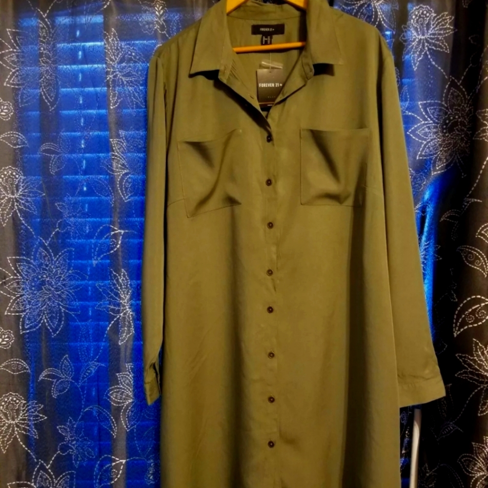 Forever 21 Plus Size Olive Green Woven Shirt Dress 2X